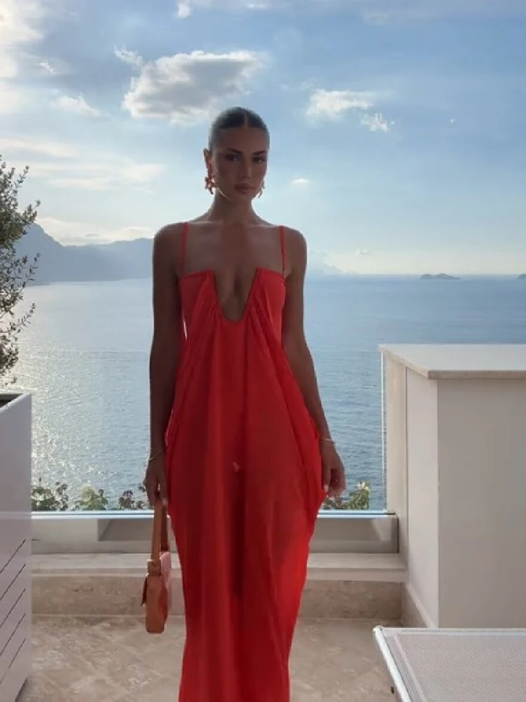 Damen Elegantes Rotes Maxikleid mit Spaghettiträgern, tiefem Schlüsselloch-Ausschnitt vorne, seitlichem Cut-Out und Overlay – Zweiteiliges Sommer-Abendkleid – Detail 9