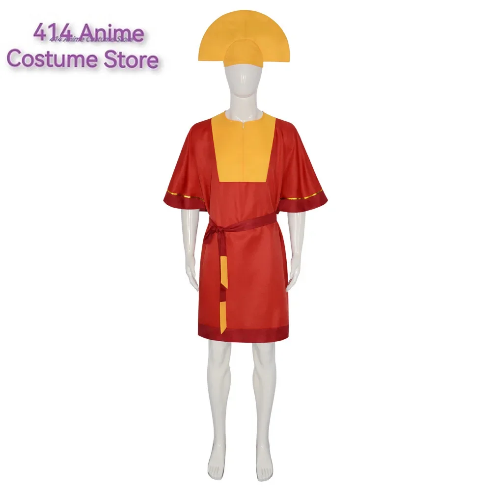 Anime Emperor Kuzco Cosplay Costume King red Jumpsuit Yellow Hat Belt Outfits with Men Halloween Fancy Uniform