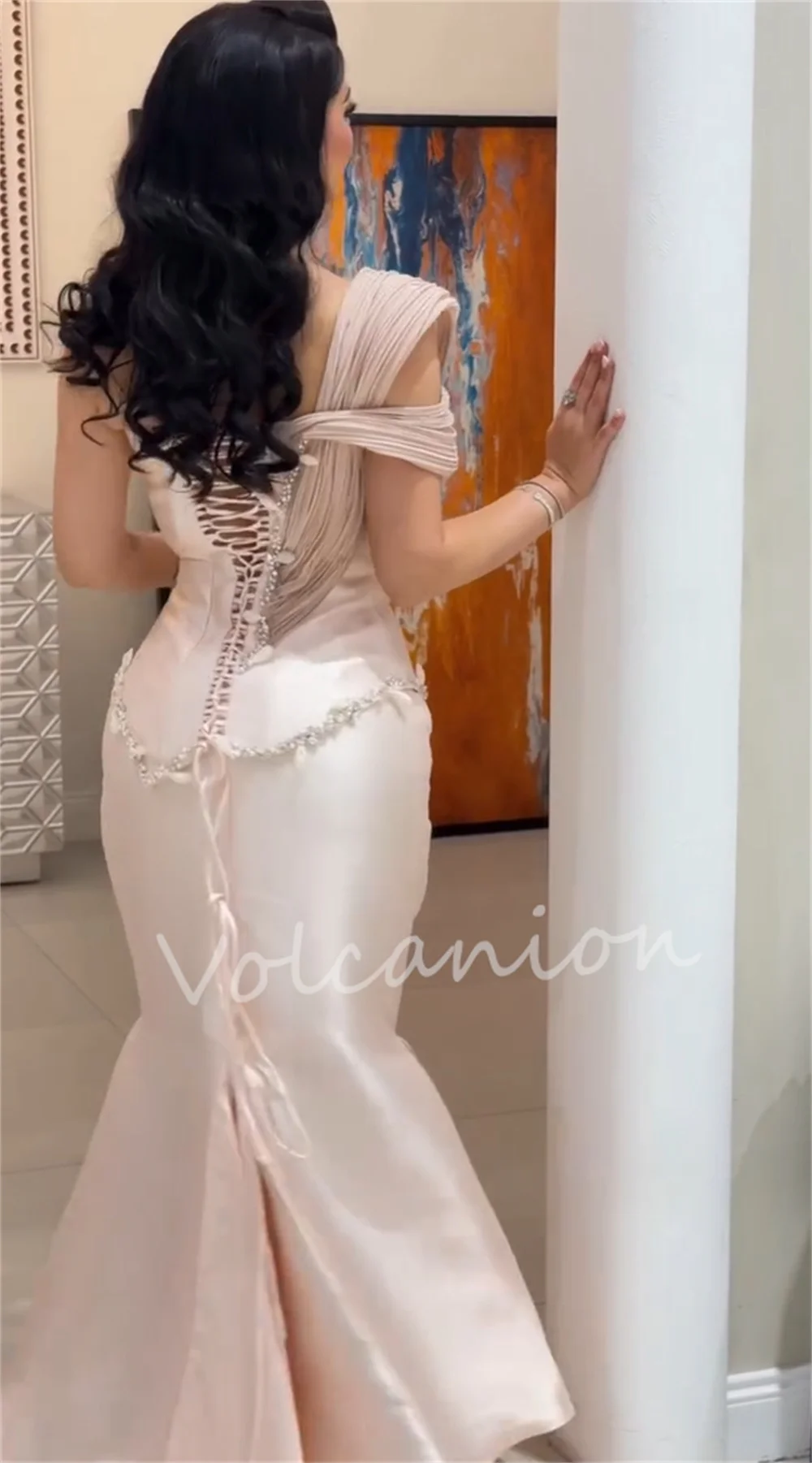 Customized Matching Charmeuse Pleat Sequined Pattern Mermaid V-neck Long Bespoke Occasion Prom Dresses