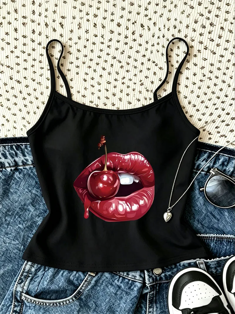 Fashion Cherry Print Y2k Camisole Top Retro Casual Crop Top Vest Gothic Spring Summer 90s Women'S Tank Top Clothes