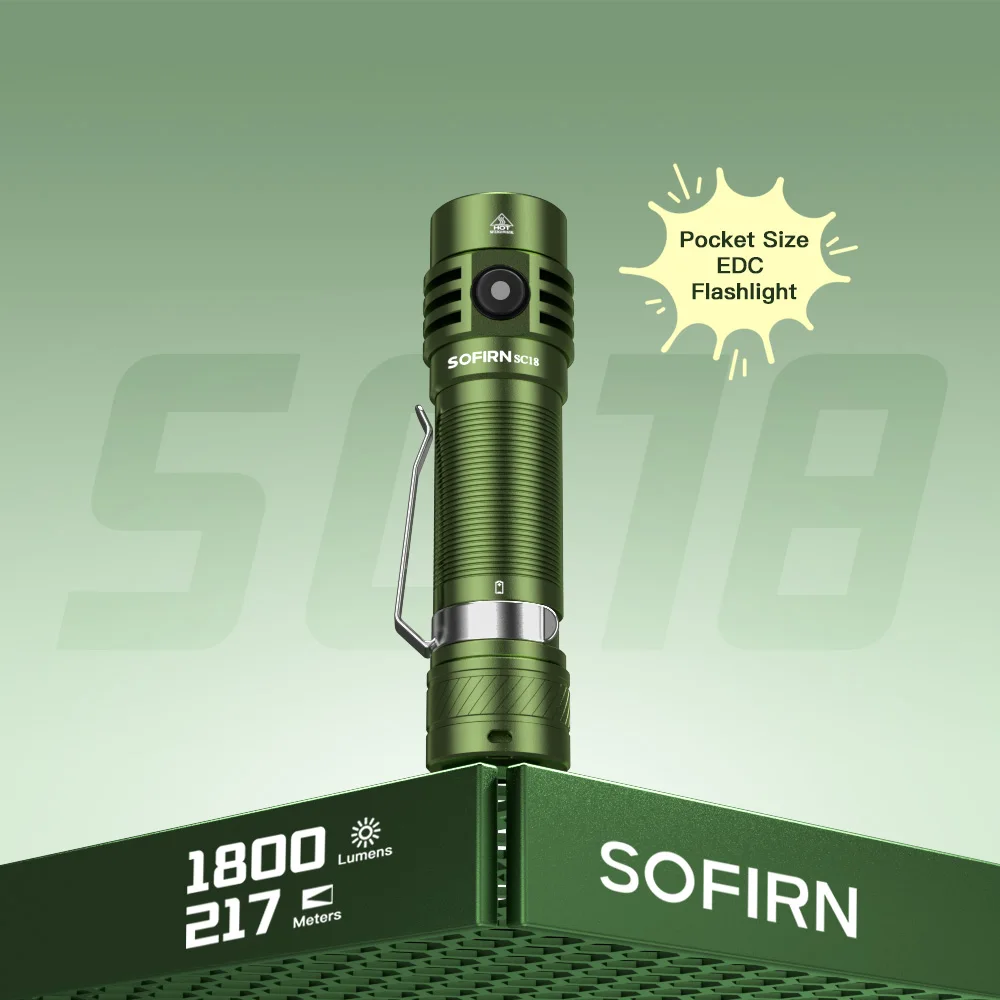 

Sofirn SC18 1800lm SST40 LED Green 18650 Torch TIR Optics Lens EDC Flashlight USB C Rechargeable Lantern with Power indicator