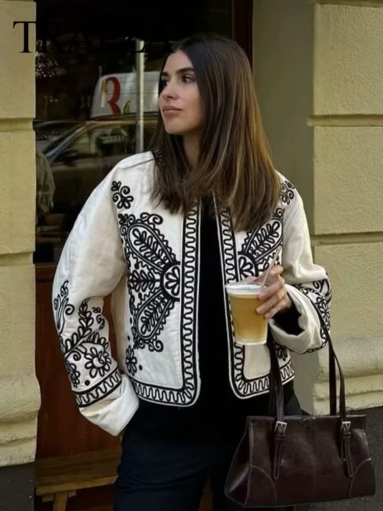 

TRAFZA 2024 Coat For Women Fashion Trend Loose Embroidery O-Neck Open Stitch Cardigan Winter Woman Versatile Long Sleeve Coat