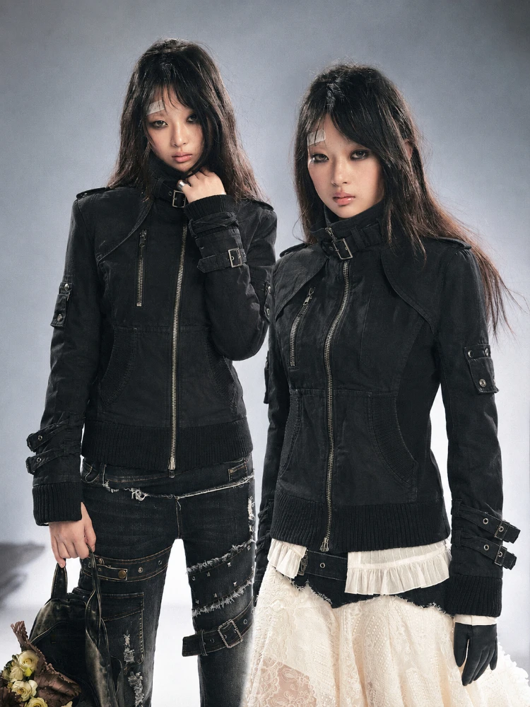 Punk Black Vintage Safari Coats with Hooded Women Zipper Sweatshirts Casual Streetwear Grunge Jacket Y2k Stand Neck Overcoats