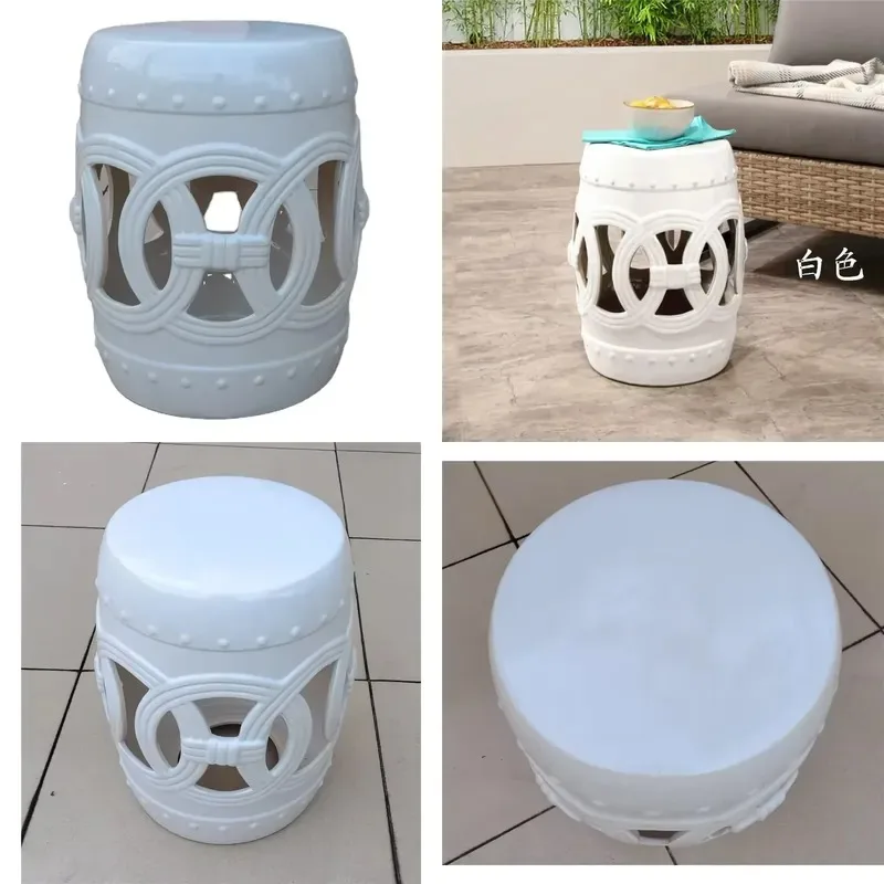 Chinese Knot Hollow Ceramic Garden Stool White Glaze Outdoor Seat