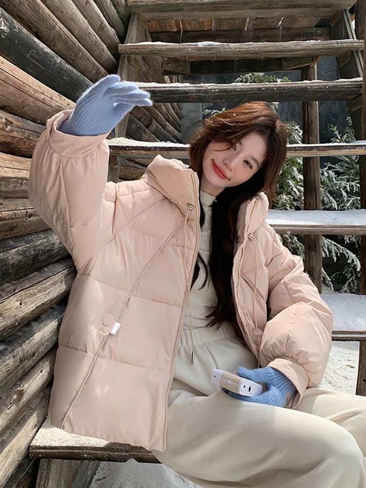 Parkas con capucha de color rosa dulce para mujer, abrigos gruesos y cálidos informales con cremallera, abrigos acampanados elegantes que combinan con todo, Tops holgados con cordones y cuello levantado