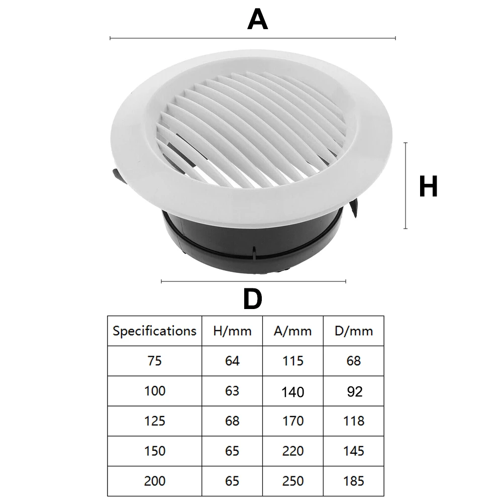 Bathroom Office Air Vent Circular Vent White+black ABS Round Wall Mounting 75/100/125/150/200mm Ceiling Mounting