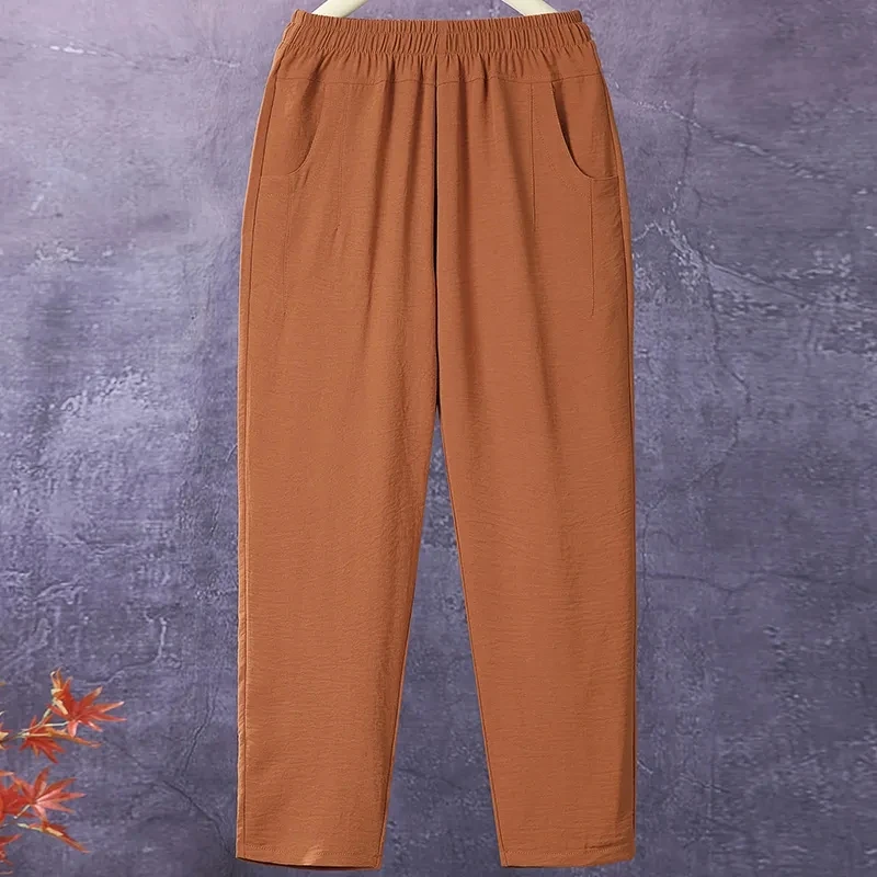 Thin Women's Pants 2026 Summer Middle-aged Elderly Female Elastic High Waist Ice Silk Pants Loose Ladies Straight Casual Pants
