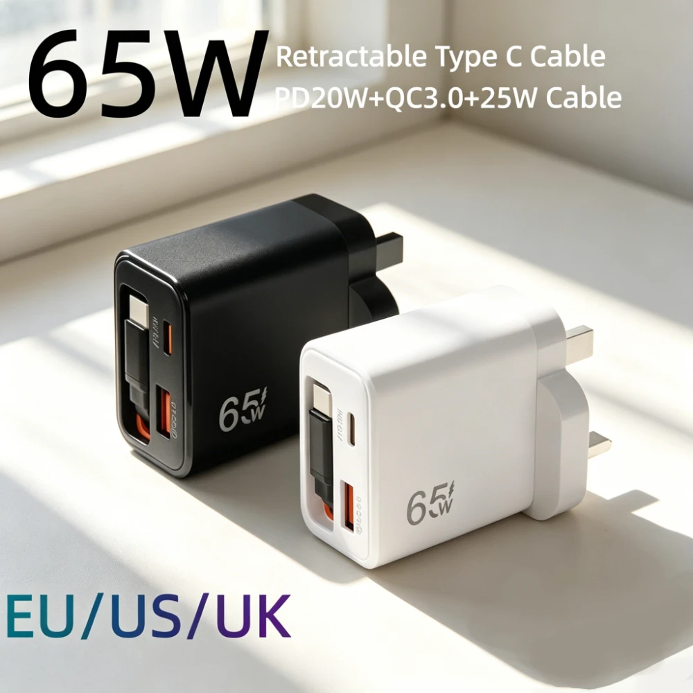 Carregador Tipo C 65W com Cabo Retrátil Integrado, Carregador USB para Telefone, Cabo USB C com Plugue EU/US para iPhone, Samsung, Xiaomi, Carregamento Rápido