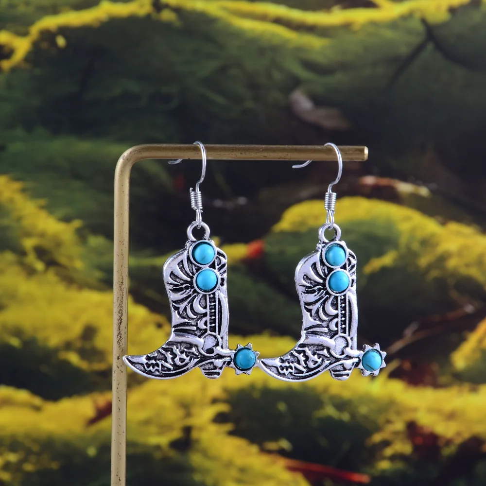 Vintage Bohemian Inlaid Turquoise Pendant Earrings Creative Personality Western Cowboy Hook Earring Women's Party Accessories