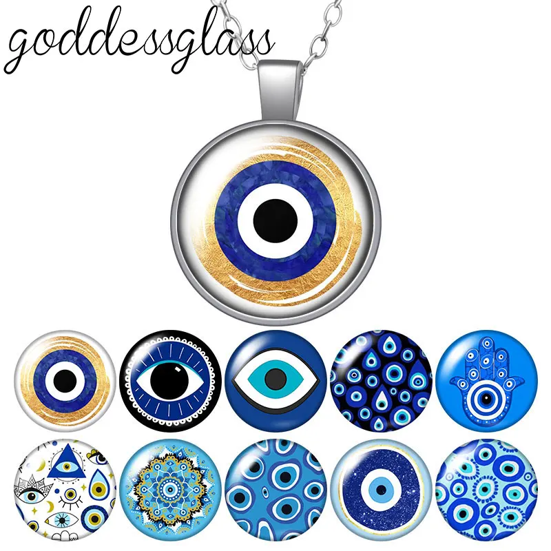 New Turkish Blue Evil Eye Patterns Round Photo Glass cabochon silver plated/Crystal pendant necklace jewelry Gift