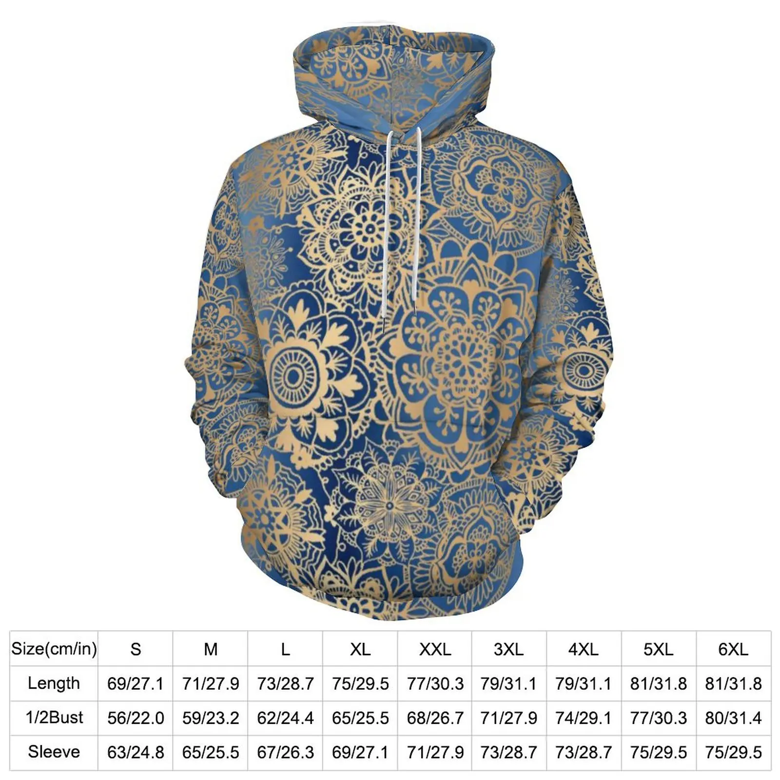 Vintage Metallic Print Loose Hoodies Gold Mandala Pattern Hoodie Couple Long Sleeve Oversized Classic Graphic Hooded Sweatshirts