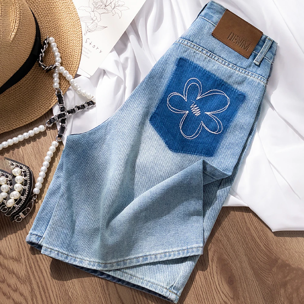 Floral Embroidered Pocket Denim Shorts Women Summer High Waist Straight Loose Keen Length Jeans Thin Shorts Female Hot Pants