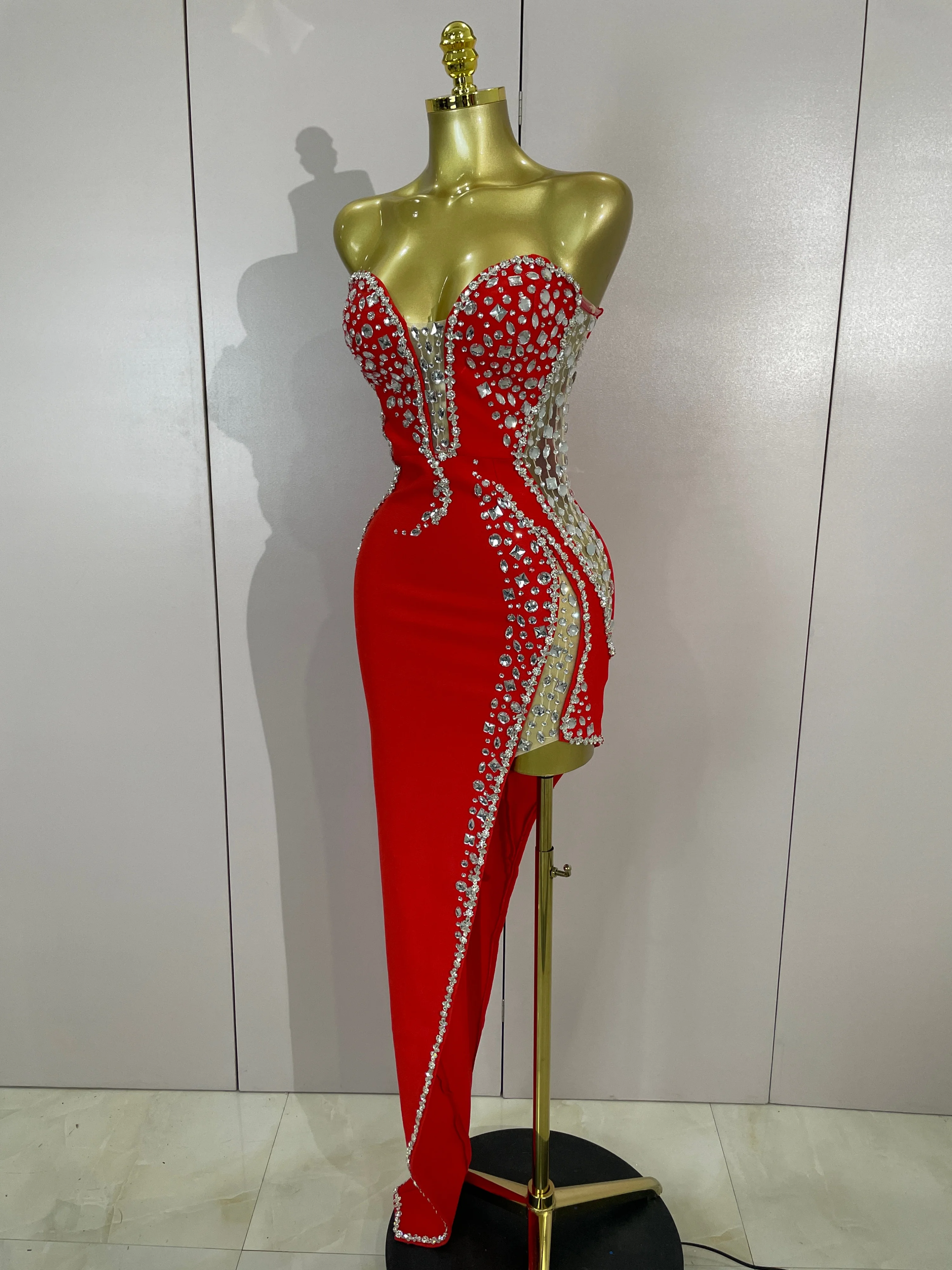 

High Quality Sexy Strapless Shinning Rhinestones Bodycon Bandage Long Dress Women Fashion Celebrate Evening Party Dress Vestido