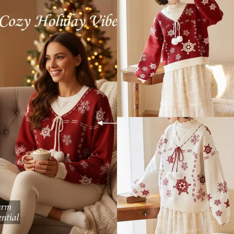 

Christmas Snowflake Sweater Women Flower Collar Knit Pullover Thick Warm Long Sleeve, Cute Sweet Winter Jumper 2 Colors Top New