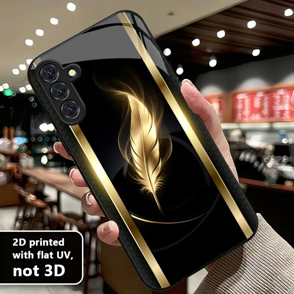 Shiny Golden Feather phone case s26 ultra case 폰케이스 quad lock glass for Samsung Galaxy S26 S25 S24 S23 S22 FE,Ultra,Plus