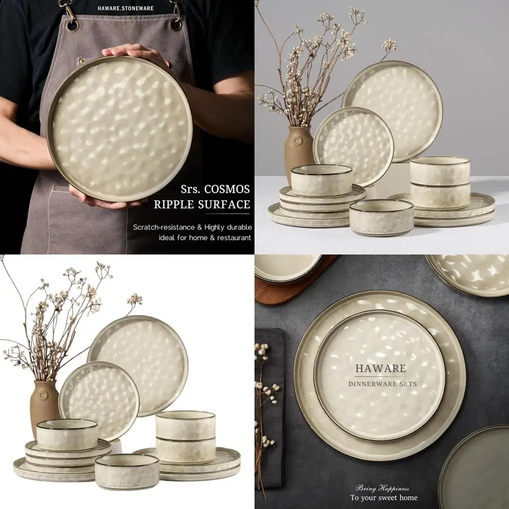 

4-Person Stoneware Dinnerware Set, 12-Piece Plate & Bowl Set, Saturn Khaki, Microwave and Dishwasher Safe, Durable Ceramic for H