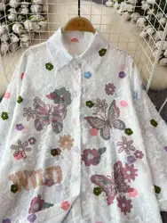 New 2024 Autumn Embroidery Sequined Hot Drilling Loose Casual Shirts Woman Mid-length Single Breasted Blouses Ladies Top Blusas