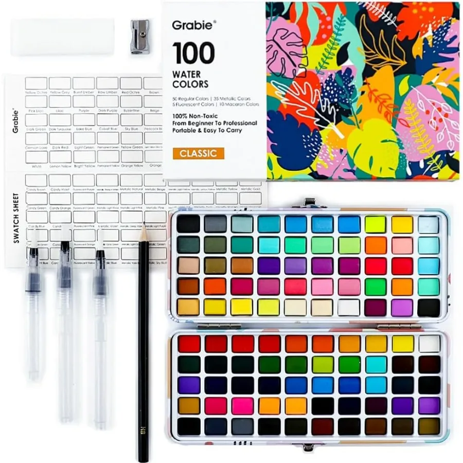 

Набор акварельных красок 100 цветов с 50 обычными 35 металлическими 10 макаронами и 5 флуоресцентными оттенками для художественного выражения в Trav