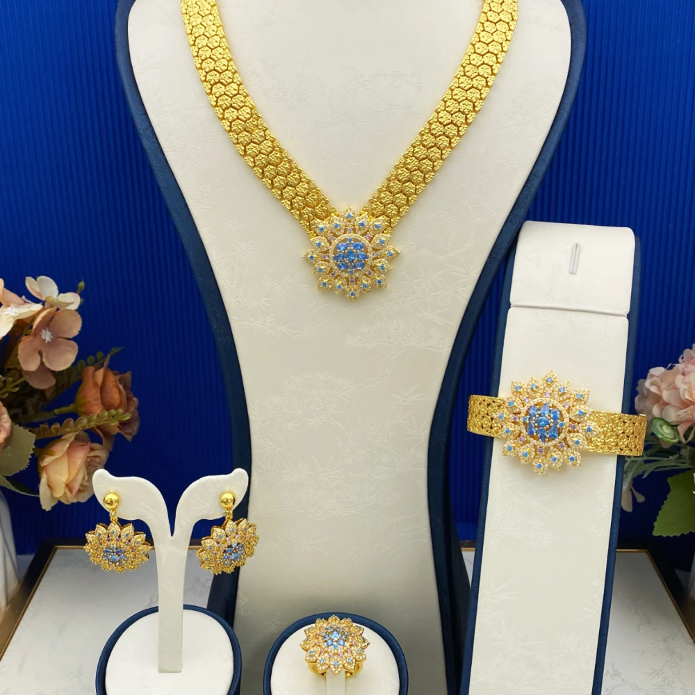 

Flora Luxury Women's Artificial Zircon Jewelry Set Gold-Plated Copper Bracelet Ring Necklace Earrings for Wedding Dubai Bridal