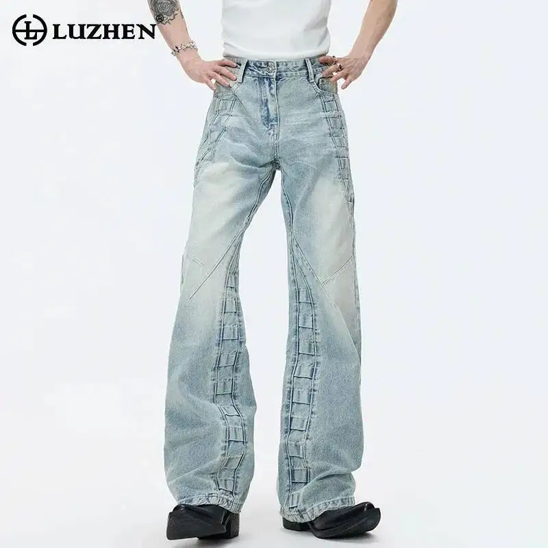 LUZHEN Straight 2026 New Vintage Style Gradient Washed Plaid Embossed Jeans Men's Fashion Handsome Elegant Denim Pants JY8042