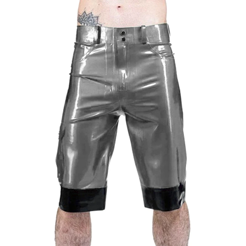 Silver And Black Military Sexy Long Leg Latex Boxer Shorts With Pockets Trims Rubber Cargo Pants Underpants Underwear DK-0250