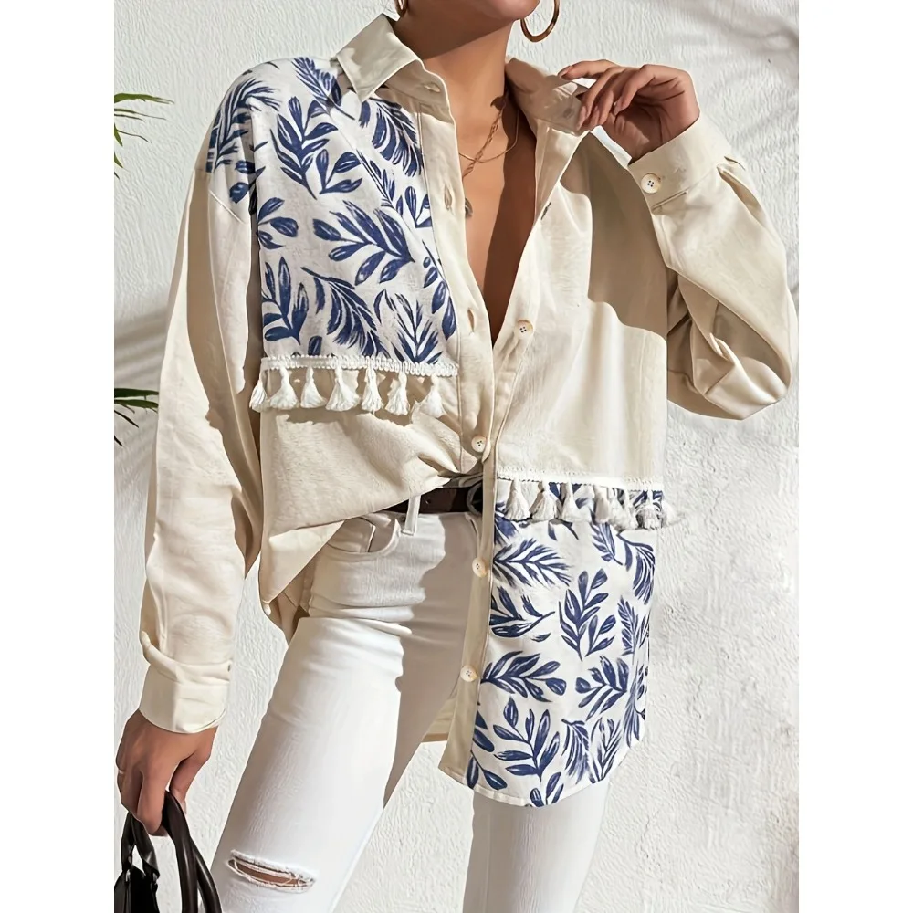 Jaqueta com franjas plus size: casaco com gola entalhe com estampa botânica e bainha fluida para início do outono, camadas casuais e roupa confortável