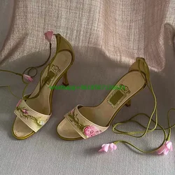 summer new high-heeled shoes women's stiletto strap leather flower banquet embroidery sexy strap sandals