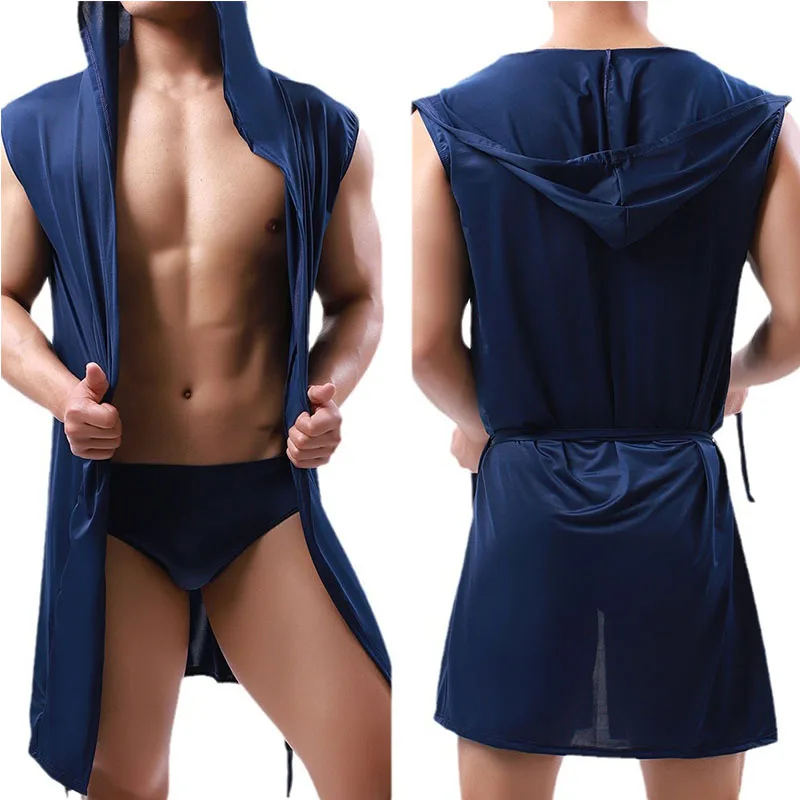 Men Summer Bathrobe Silky Hooded Sleeveless Bathrobe Sleepwear Pajamas Without underwear