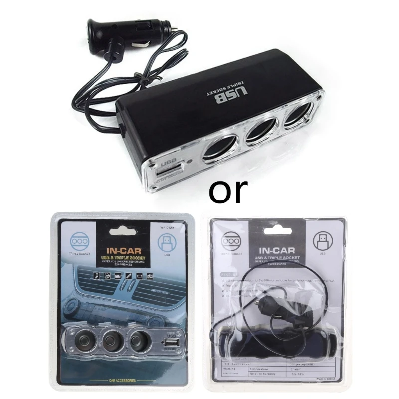 

3 Way Car Socket Adapter Splitter with USB Charging Port 12V/24V Triple