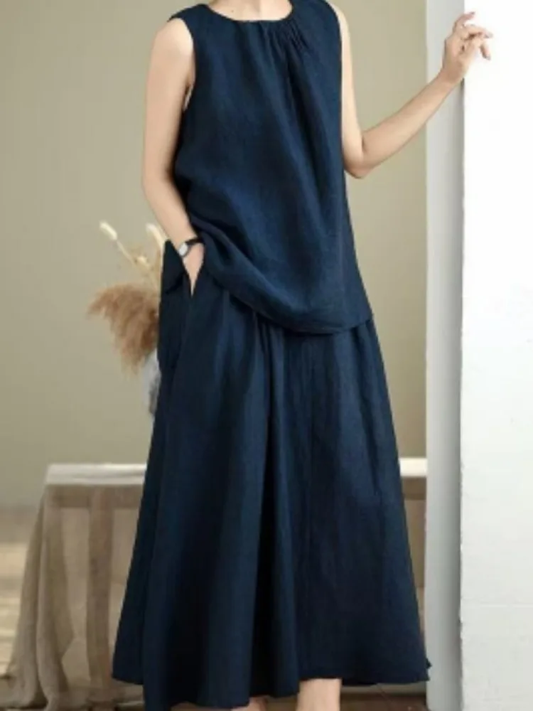 

Japanese Style round Neck A-Line Cotton Linen Sleeveless Vest Women Summer Fashion Wide Leg Pants Casual Midi Skirt Linen Set...