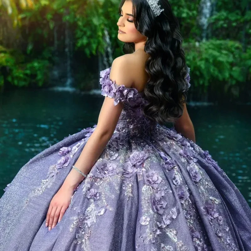 Lorencia-vestido De Quinceañera De lavanda, cuentas brillantes, apliques florales 3D, encaje con capa dulce, 16 Vestidos De 15 Años, YQD558