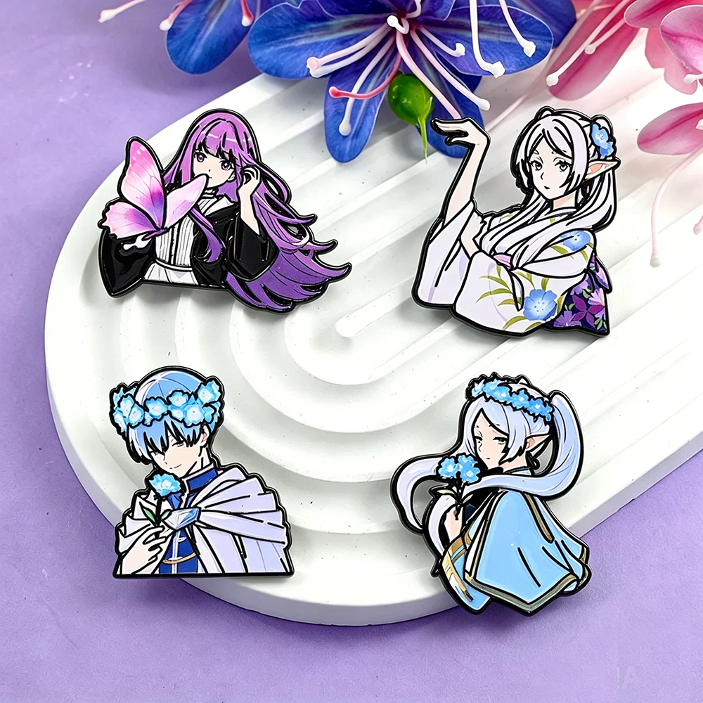 4Pcs Cute Sousou no Frieren Enamel Pins Set Anime Women's Brooch Frieren Fern Stark Lapel Brooch For Cosplay Fans Gifts