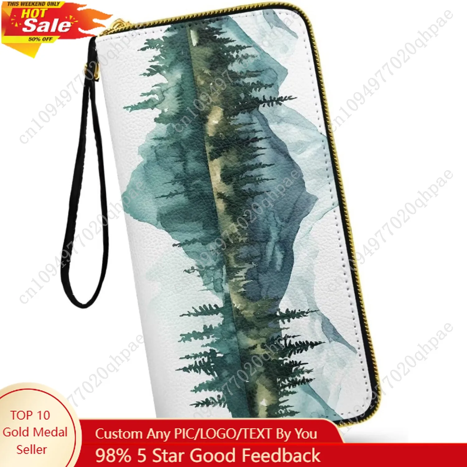 

Watercolor Mountain Landscape Wristlet Wallets for Women, Ink Painting Pine Forest Lake Printed Large Clutch Cash Long Wallet wi