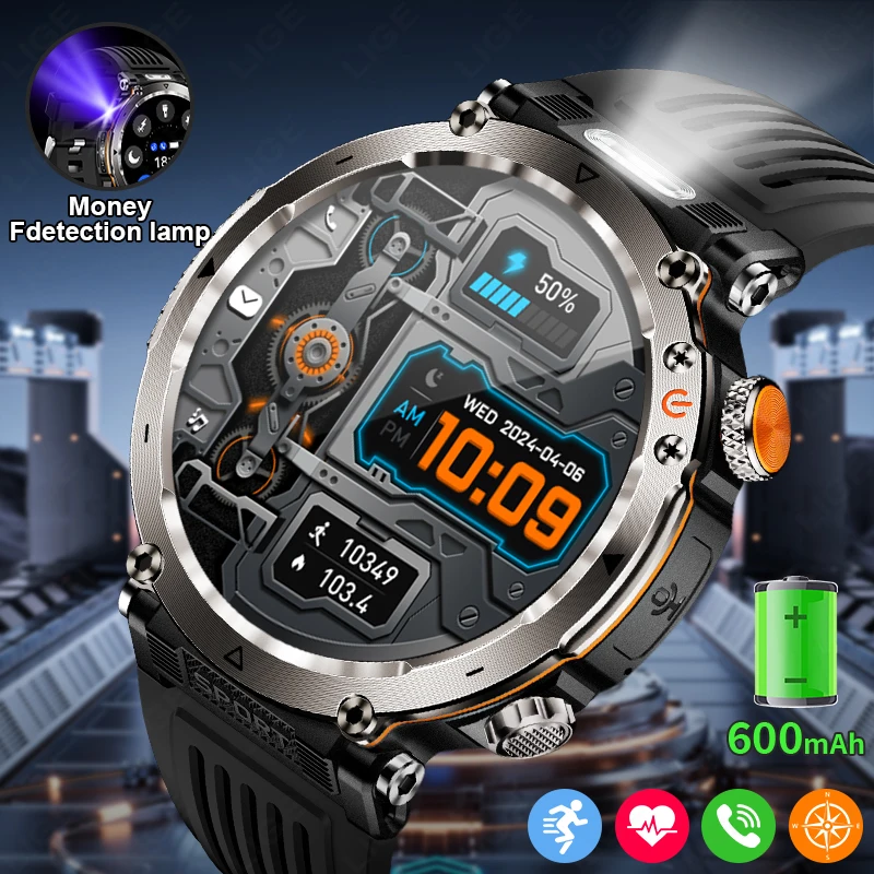 New 600mAh Battery Smart Watch Men's 1.7 inch Outdoor Sports LED Flashlight Compass Bluetooth Call Heart Rate Health Smartwatch