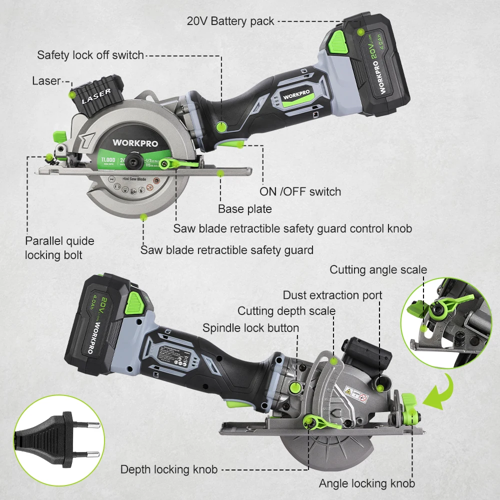 WORKPRO 20V Cordless Electric Circular Saw With Laser For Wood Ceramic Tile 115 mm Saw Blade 710W Electric Circular Saw No Laser