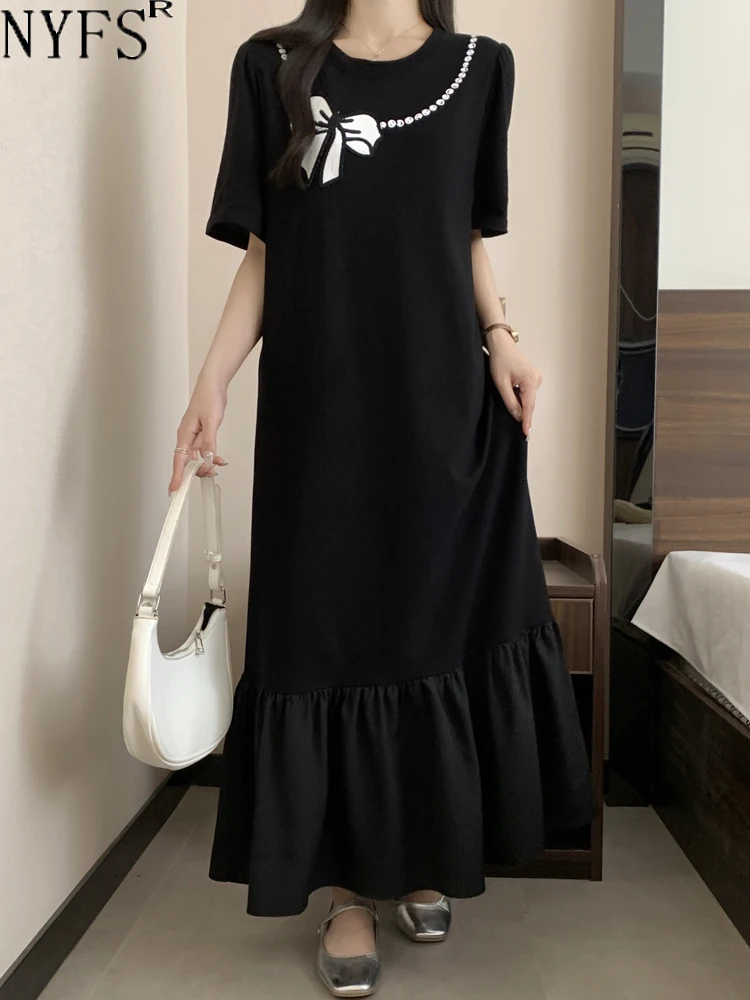 

NYFS 2024 Summer New Korea Fat MM Woman Dress Vestidos Robe Elbise Loose Plus Size Short Sleeve Long Dress