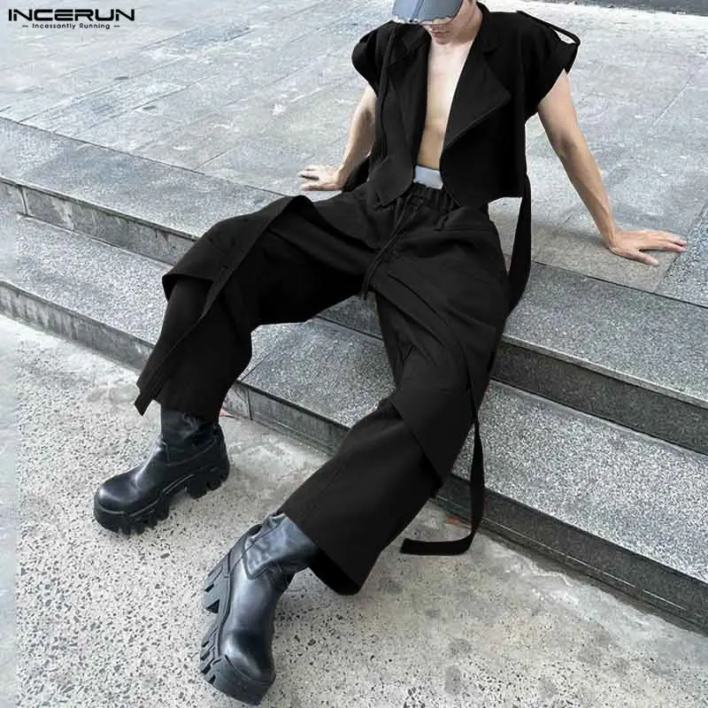 

INCERUN мужские комплекты однотонные укороченные жилеты без рукавов на молнии и брюки комплекты из двух предметов свободная уличная одежда модные мужские повседневные костюмы