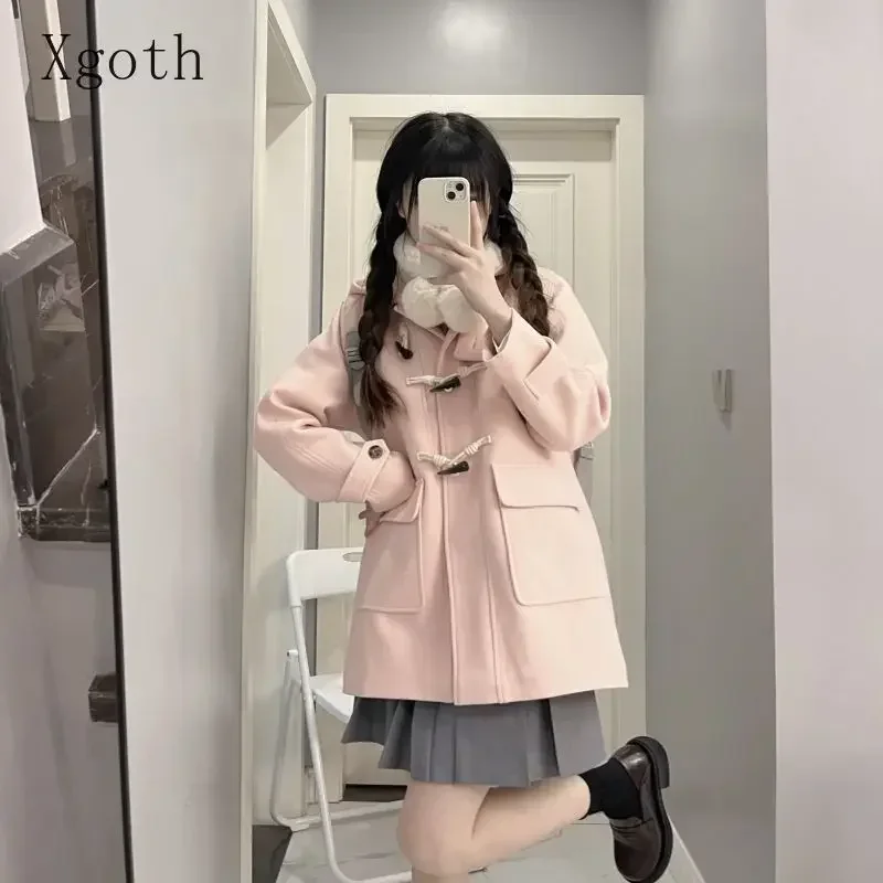 Preppy Pink Hooded Jacket College Style Horn Button Jk Coat for Women Autumn Winter New Quilted Thickened Woolen Coat for Women