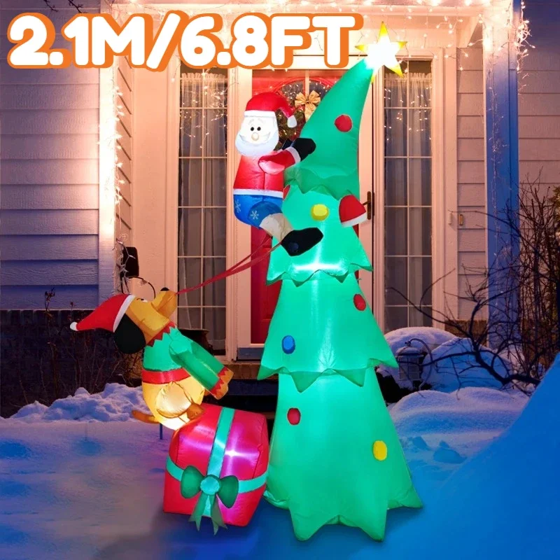 2.1M/6.8FT Inflatable Santa Claus Climbing Tree with Dog  Lights LED Home Holiday Lighting Decorations Yard Xmas Decor Supplies