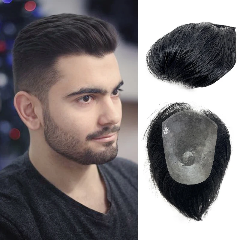 15*20cm Men's 100% Human Hair Natural Slicked Back Style Ultra Thin Breathable PU Capillary Prothesis Soft Invisible Toppers