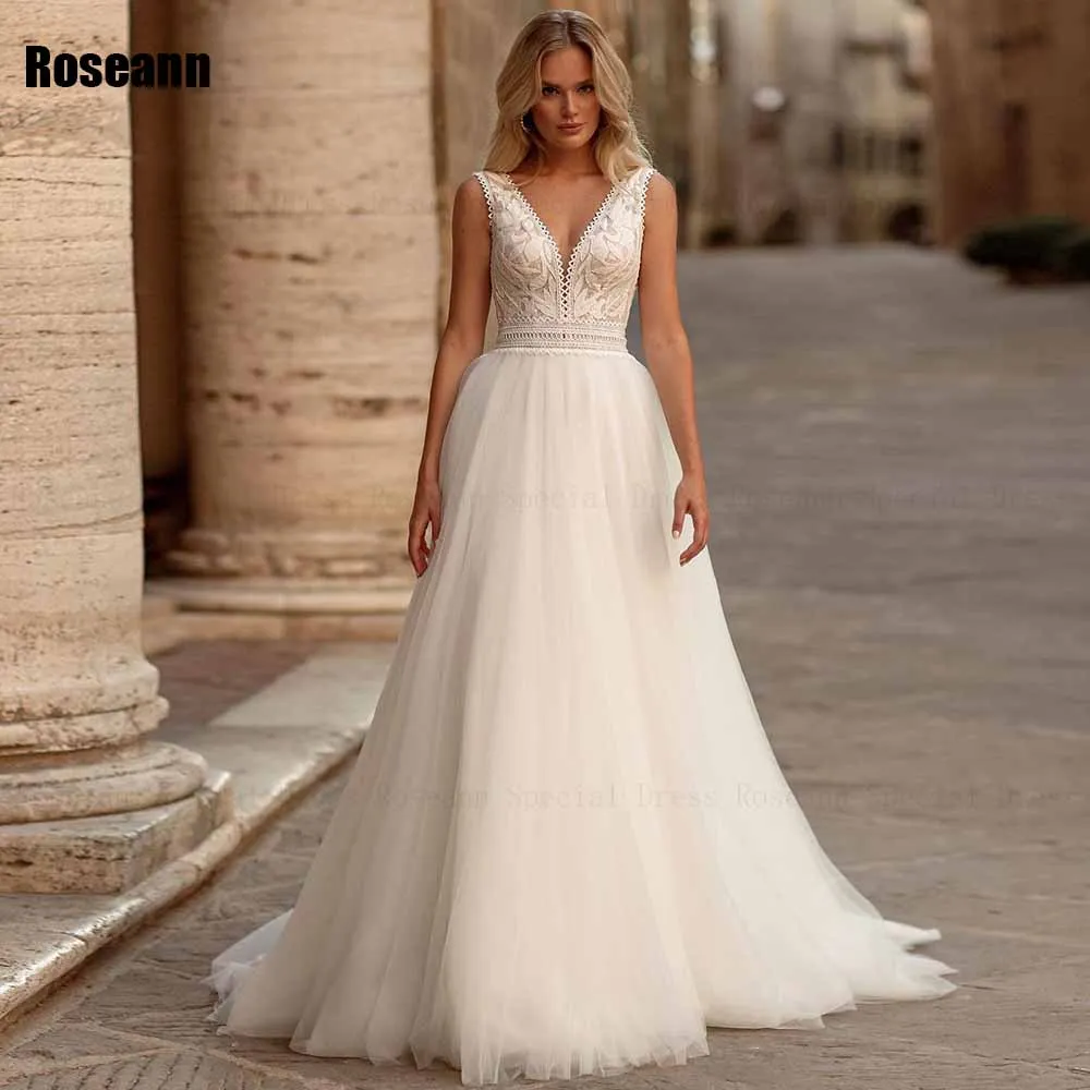 Customized A-line Wedding Dress Lace V-Neck Applique Draped Pleat Sleeveless Open Back Bride Dresses Floor Length robe de mariée