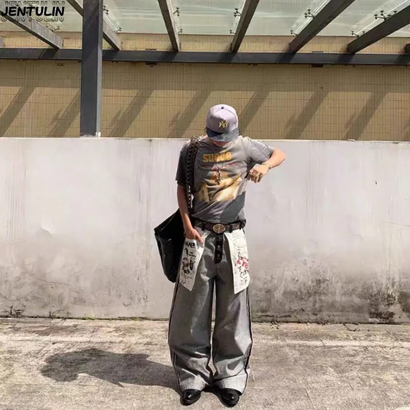 

Новые модные джинсы в стиле Харадзюку в стиле хип-хоп, мужские джинсы с карманами и принтом, осенние лоскутные корейские модные повседневные широкие мужские брюки