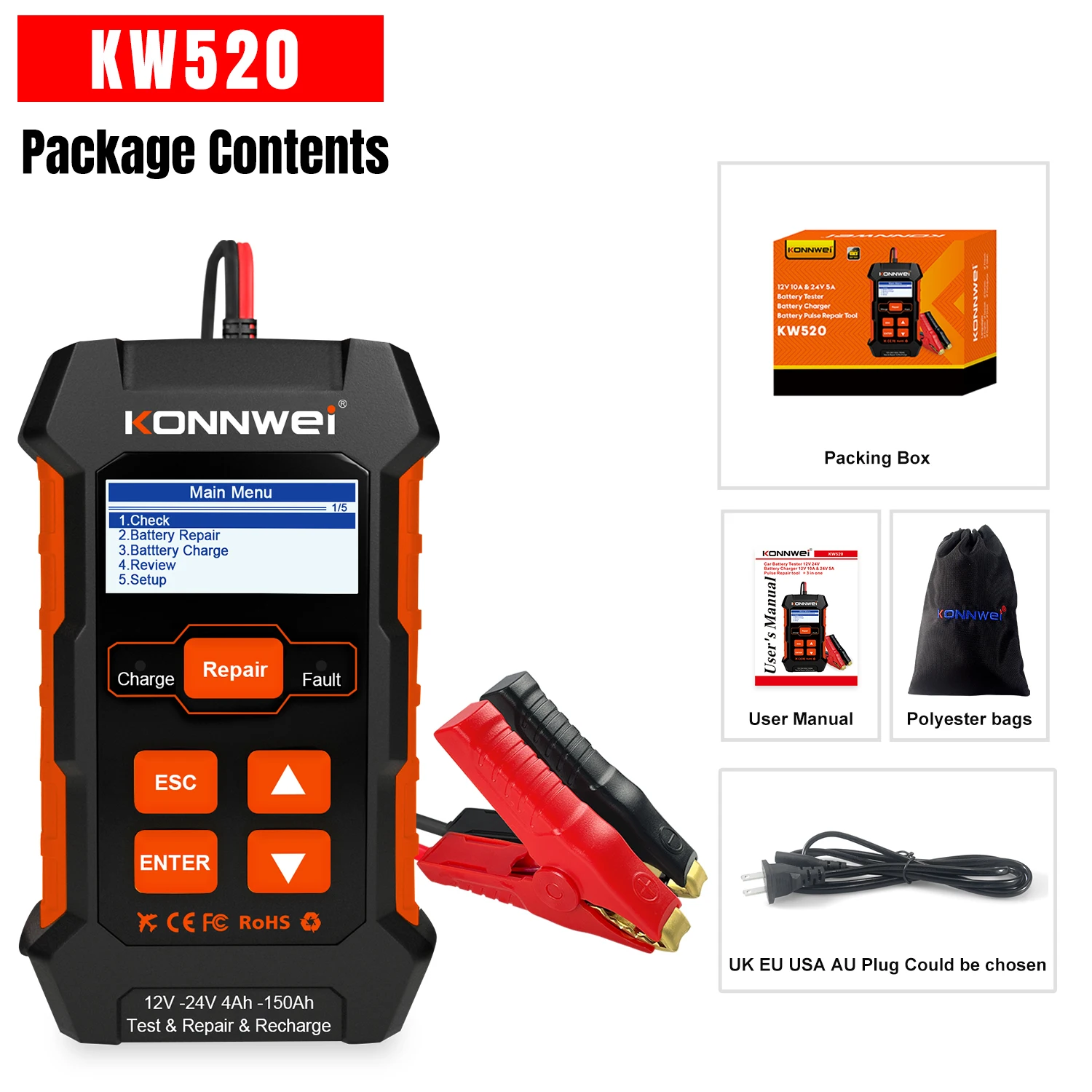 Новый KONNWEI KW520 12 В 10 А 24 В 5A автоматический автомобильный тестер аккумулятора грузовика зарядное устройство свинцово-кислотный автомобильный аккумулятор импульсный инструмент для ремонта Новый KONNWEI KW520 12 В 10 А 24 В 5A автоматический автомобильный тестер аккумулятора грузовика зарядное устройство свинцово-кислотный автомобильный аккумулятор импульсный инструмент для ремонта