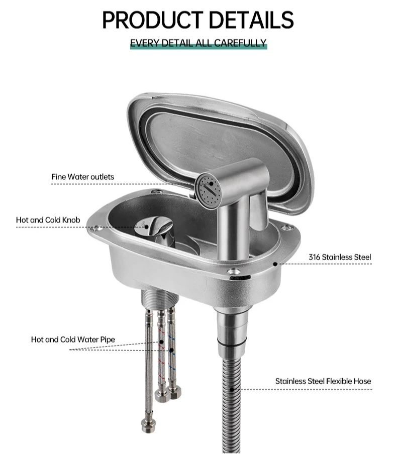 316 Stainless Steel Marine Deck Shower | Recessed Transom Shower Kit Concealed for Boat/Yacht