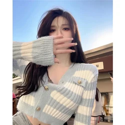 MEXZT Striped Knitted Cardigan Women Korean V Neck Cropped Sweaters Harajuku Streetwear Slim Casual Jumpers Coat Knitwear Tops