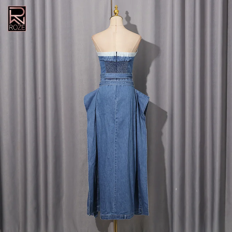 프렌치 레트로 스타일 데님 맥시 드레스 2025 - 버튼과 타이 웨이스트가 있는 코르셋 뷔스티에