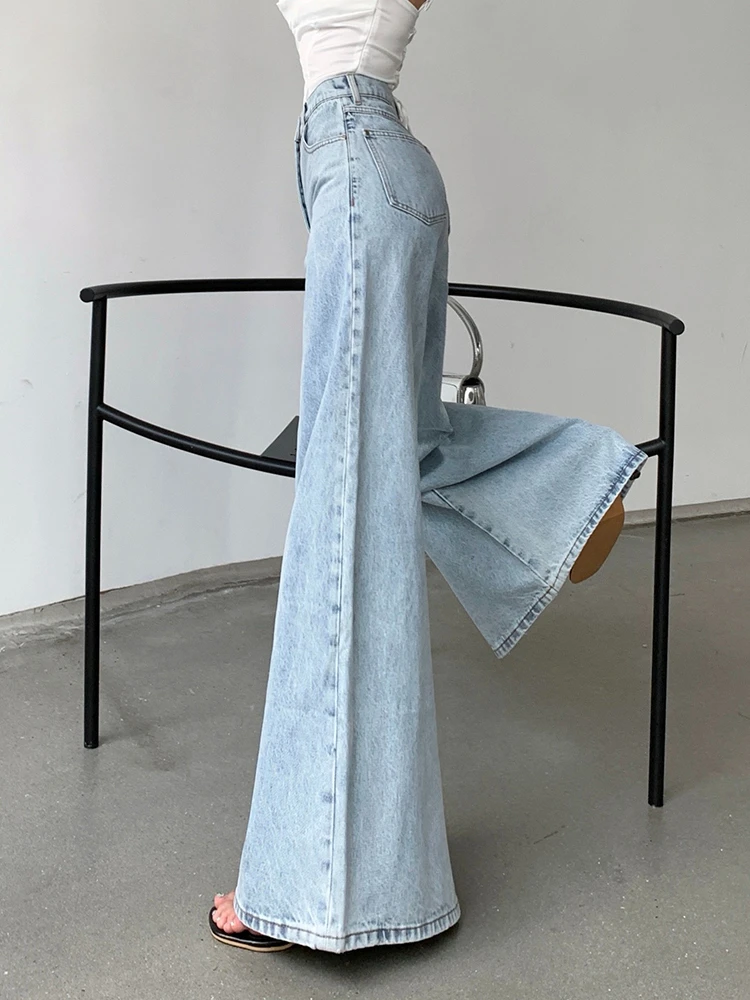 Celana panjang penuh Vintage biru muda Jeans longgar pinggang tinggi warna Solid celana kaki lebar wanita Fashion Streetwear Jeans dasar