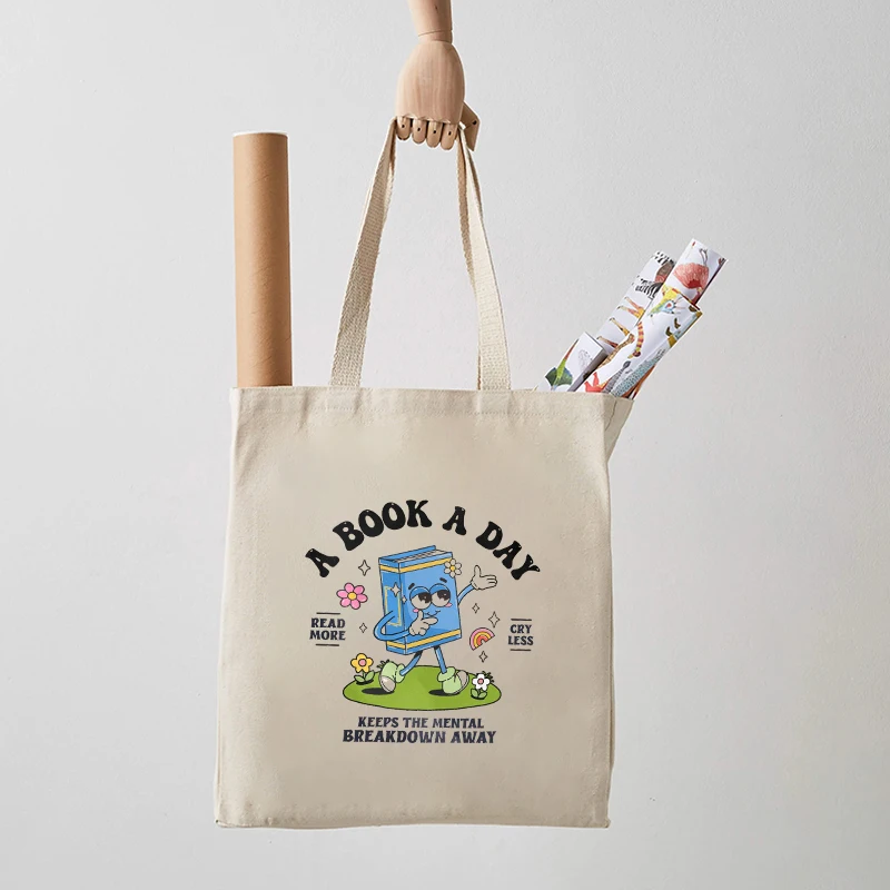 A Book A Day Canvas Totes for Women Stylish Portable Tote Handbags Travel Shopping Toilet Storage Clutch Kawaii Gift for Her