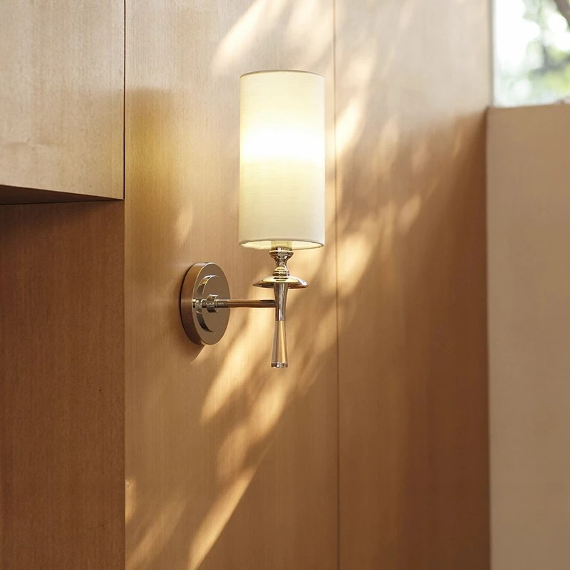 

Bauhaus All Copper LED Wall Lamps Cylindrical White Fabric Lampshade American Living Room Bedroom Restaurant Study Sconces Light