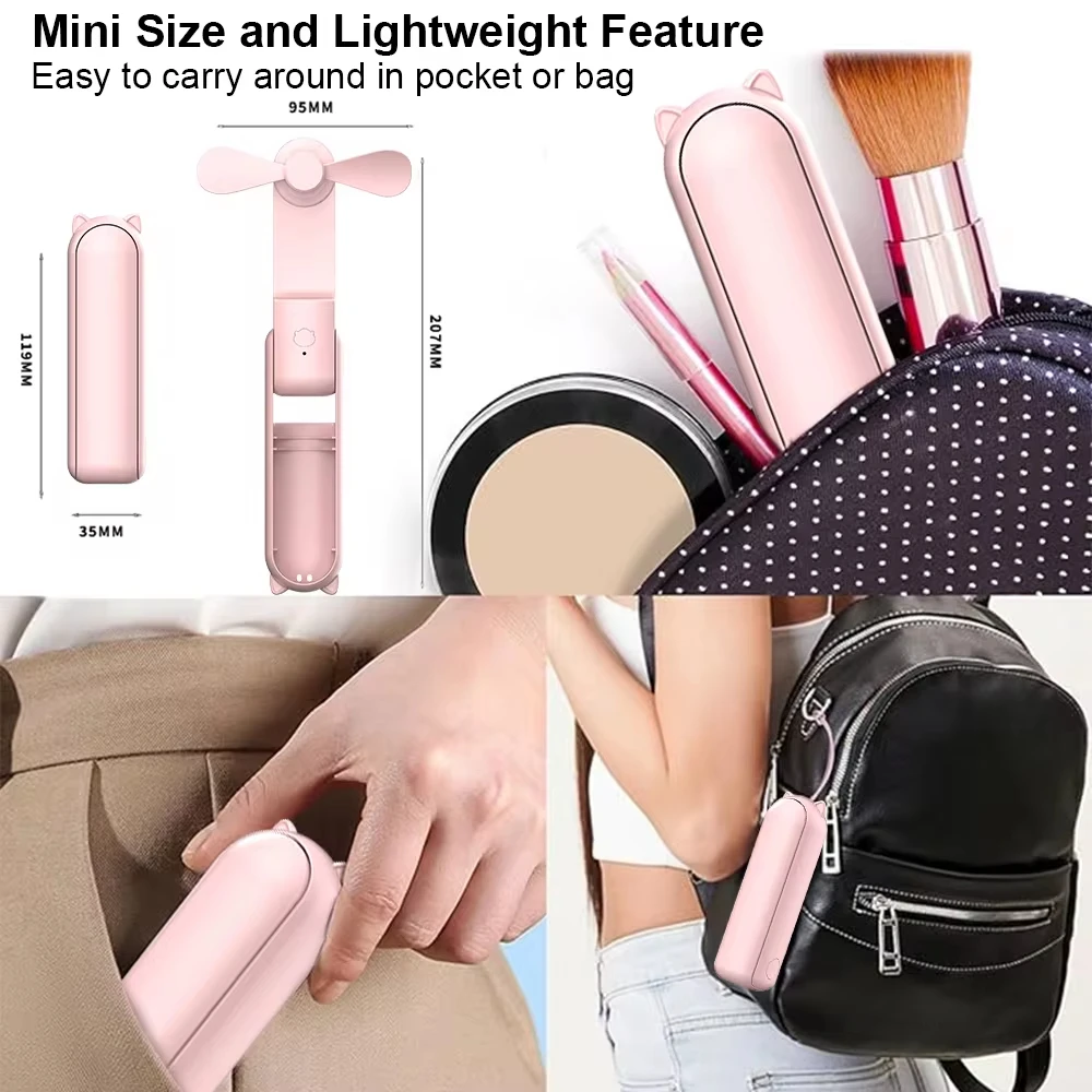 Handheld Portable Small Fan Foldable Pocket Fan With 2000mAh Power Bank USB Rechargeable Fan Mini Three Speed Adjustable Fan